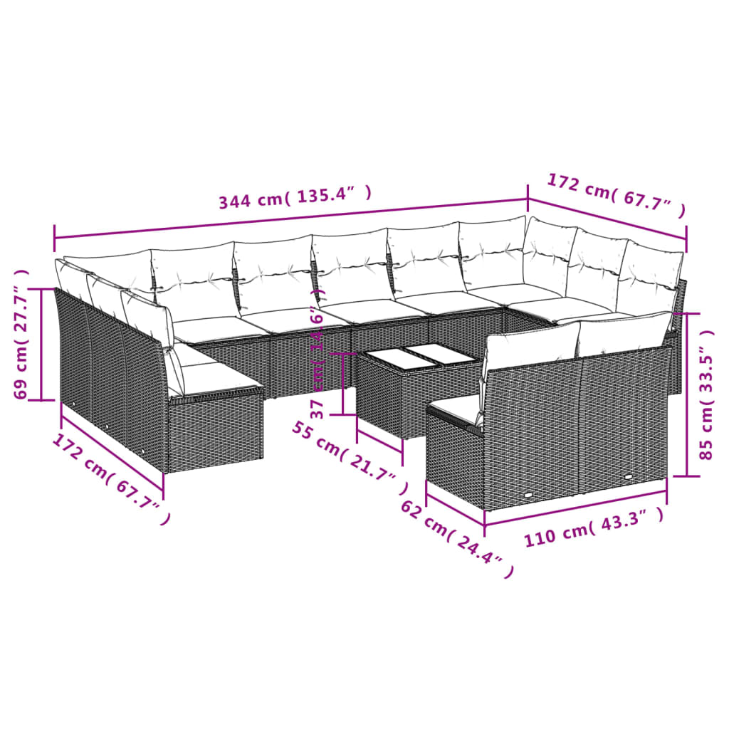 vidaXL 13-tlg. Garten-Sofagarnitur mit Kissen Grau Poly Rattan