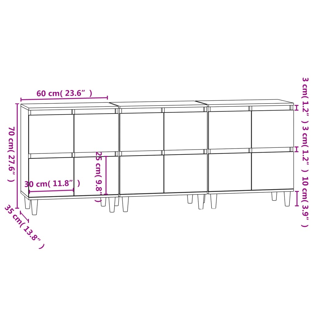vidaXL Sideboards 3 Stk. Hochglanz-Weiß 60x35x70 cm Holzwerkstoff