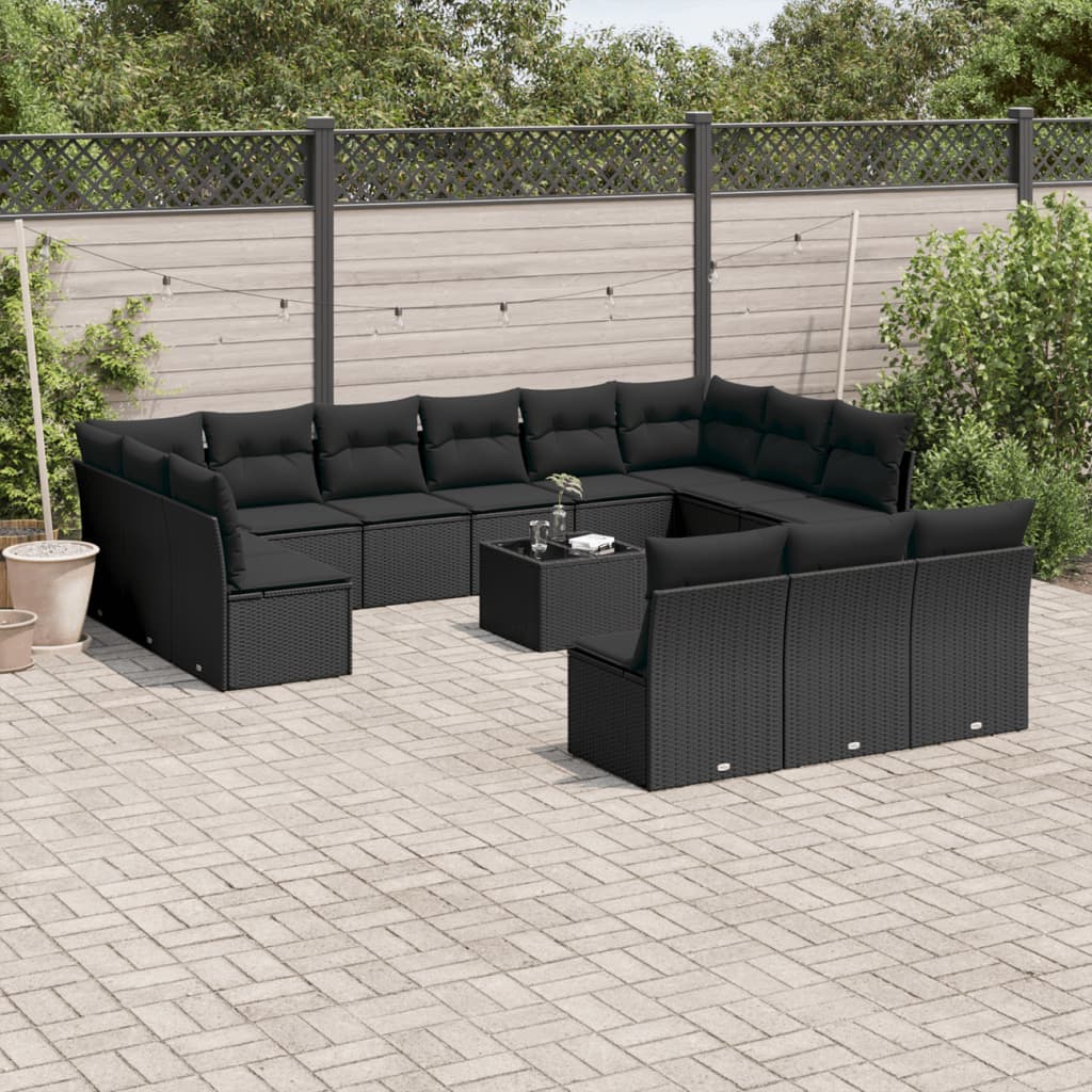 vidaXL 14-tlg. Garten-Sofagarnitur mit Kissen Schwarz Poly Rattan