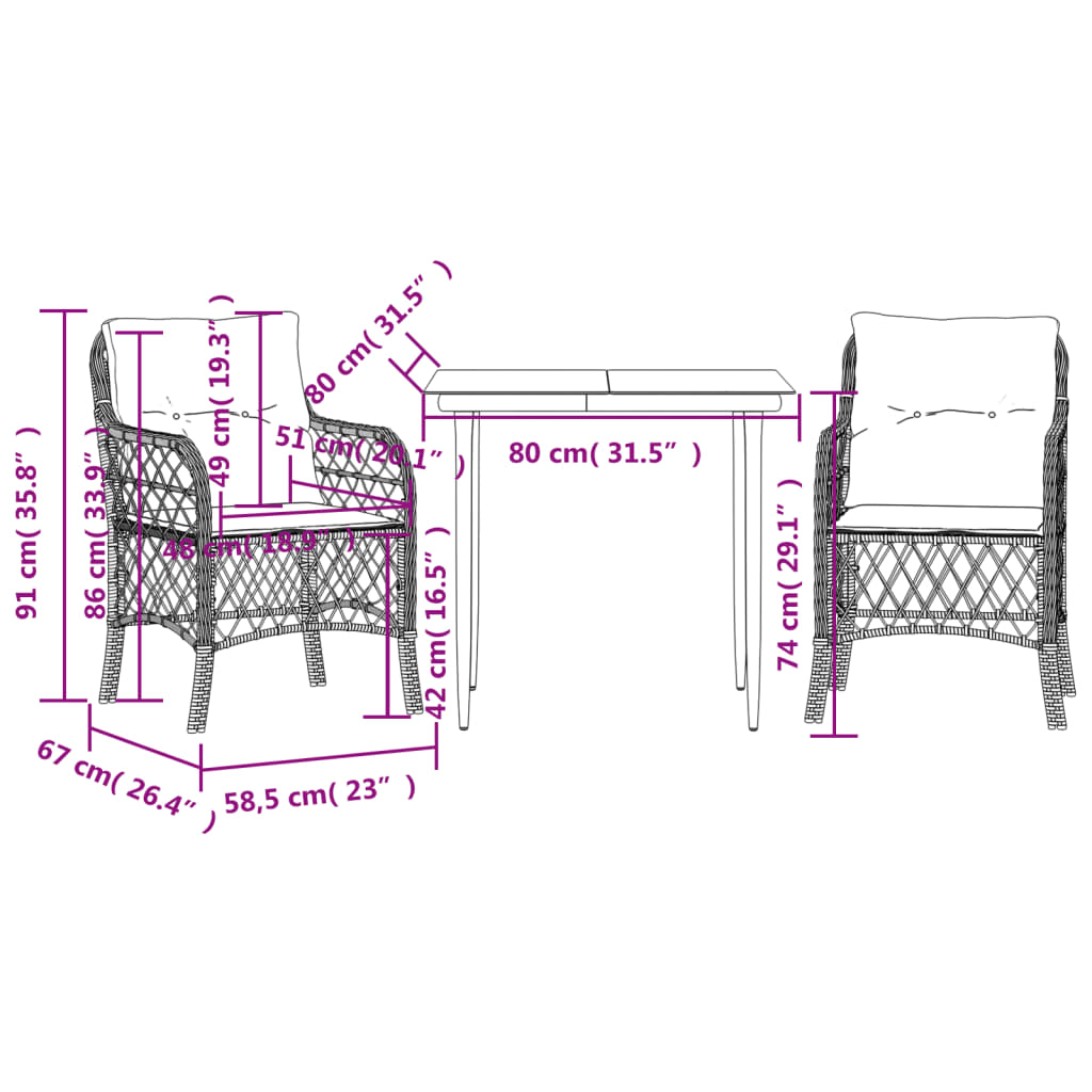 vidaXL 3-tlg. Bistro-Set mit Kissen Grau Poly Rattan