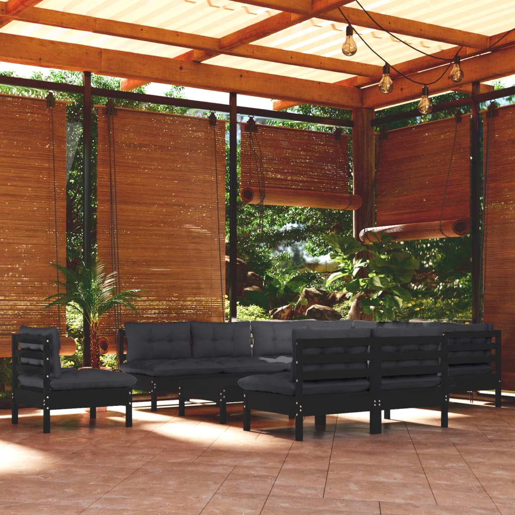 vidaXL 11-tlg. Garten-Lounge-Set mit Kissen Schwarz Massivholz Kiefer