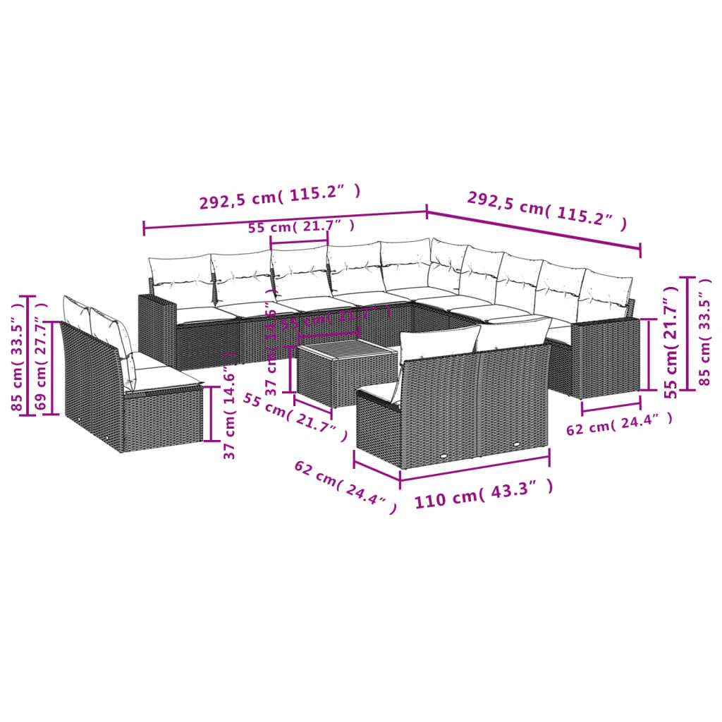 vidaXL 14-tlg. Garten-Sofagarnitur mit Kissen Grau Poly Rattan