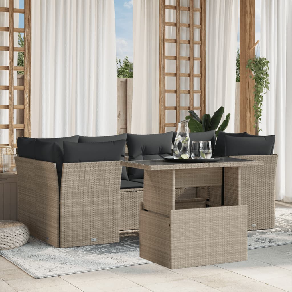 vidaXL 7-tlg. Garten-Sofagarnitur mit Kissen Hellgrau Poly Rattan