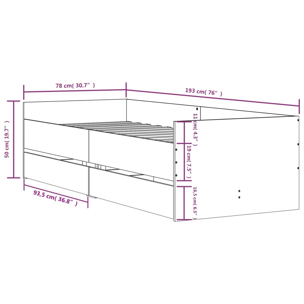 vidaXL Bett mit Schubladen Sonoma-Eiche 75x190 cm