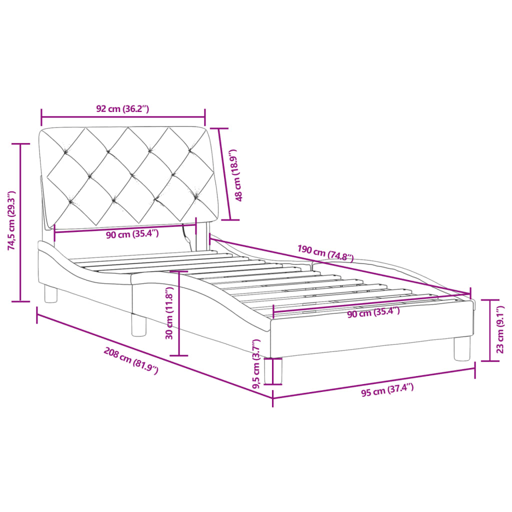 vidaXL Bettgestell mit LED-Leuchten Dunkelgrau 90x190 cm Samt