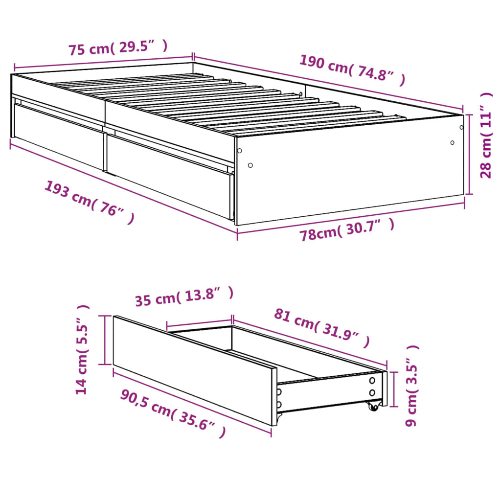 vidaXL Bettgestell mit Schubladen Grau Sonoma 75x190 cm Holzwerkstoff