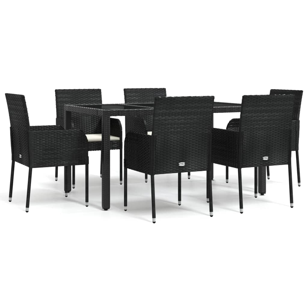 vidaXL 7-tlg. Garten-Essgruppe mit Kissen Schwarz Poly Rattan