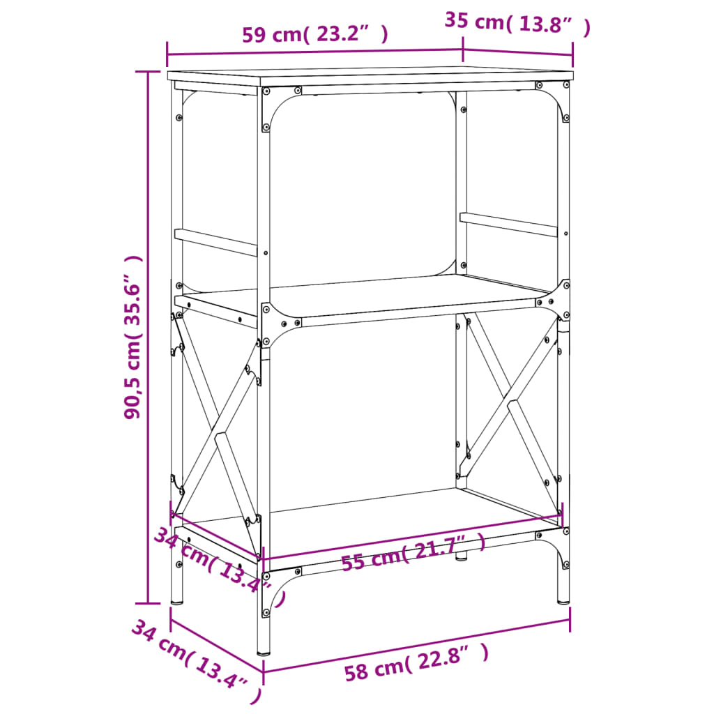 vidaXL Bücherregal 3 Böden Braun Eiche 59x35x90,5 cm Holzwerkstoff