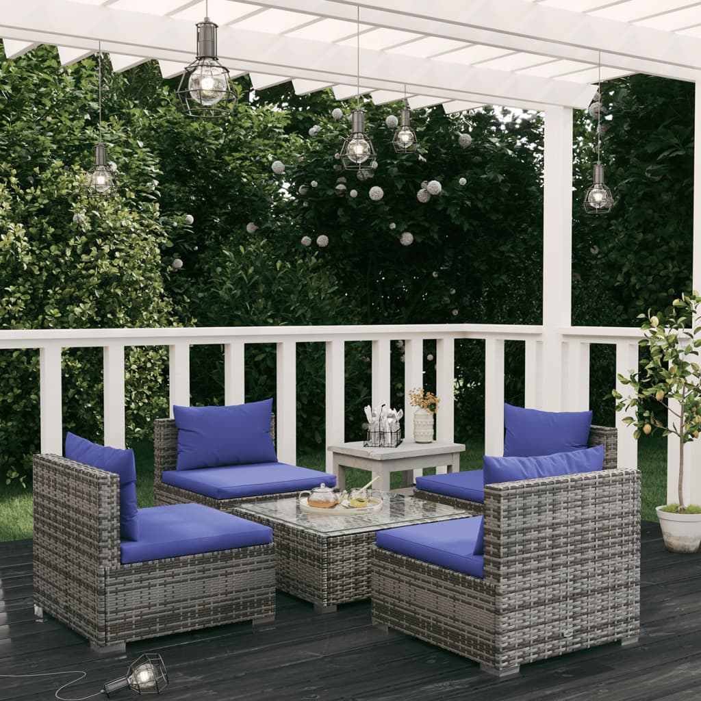 vidaXL 5-tlg. Garten-Lounge-Set mit Kissen Poly Rattan Grau