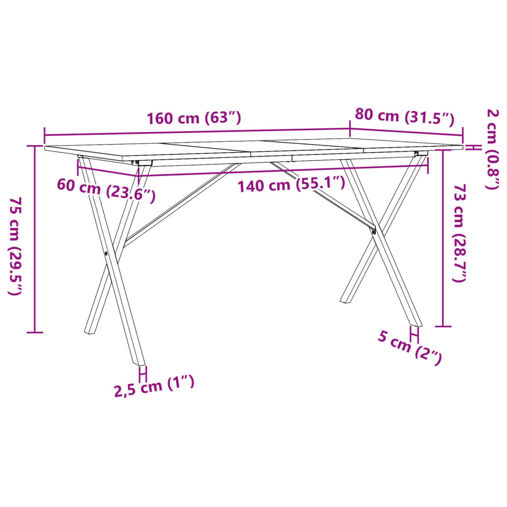 vidaXL Esstisch X-Gestell 160x80x75 cm Massivholz Kiefer und Gusseisen