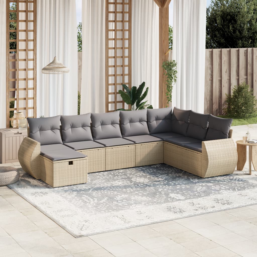 vidaXL 8-tlg. Garten-Sofagarnitur mit Kissen Beige Poly Rattan