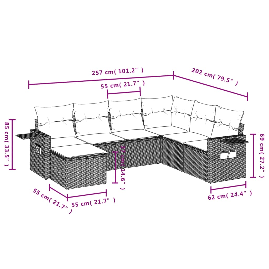 vidaXL 7-tlg. Garten-Sofagarnitur mit Kissen Beige Poly Rattan