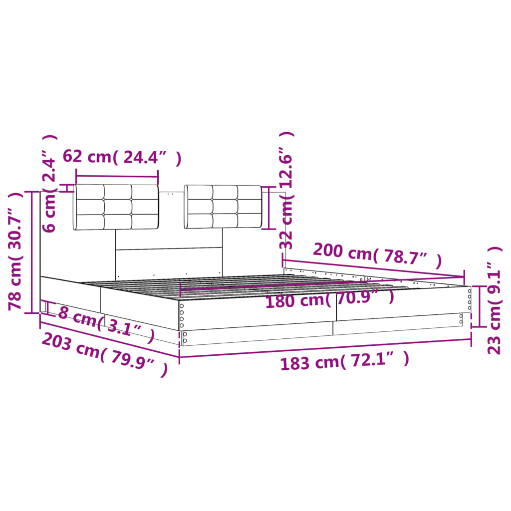 vidaXL Bettgestell mit Kopfteil Grau Sonoma 180x200 cm Holzwerkstoff