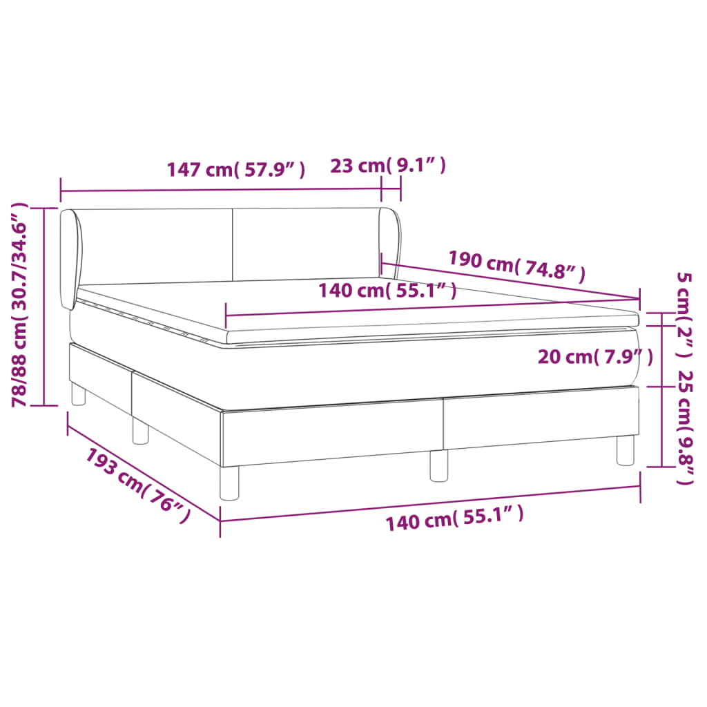 vidaXL Boxspringbett mit Matratze Dunkelblau 140x190 cm Samt