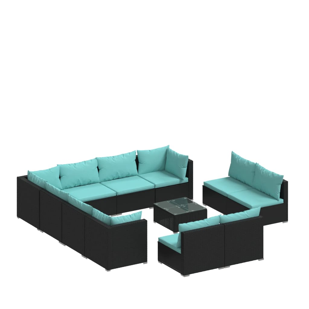 vidaXL 12-tlg. Garten-Lounge-Set mit Kissen Schwarz Poly Rattan