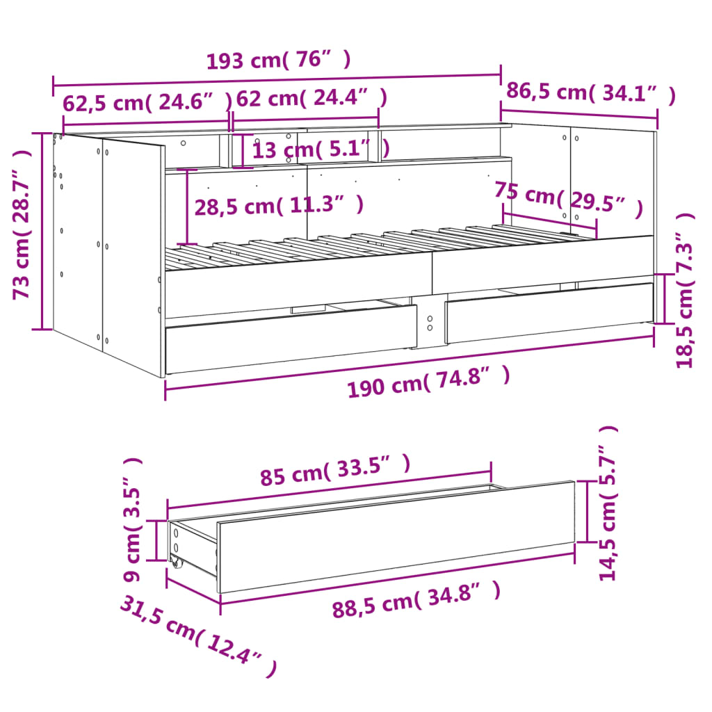 vidaXL Tagesbett mit Schubladen ohne Matratze Schwarz 75x190 cm