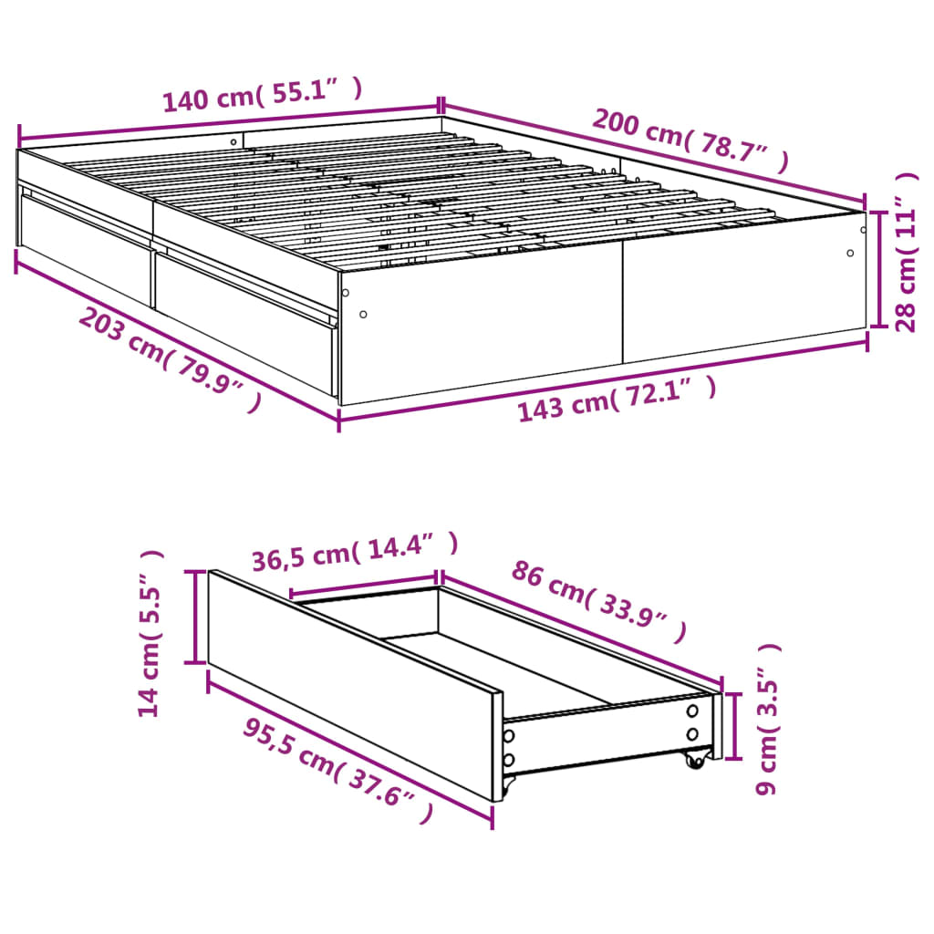 vidaXL Bettgestell mit Schubladen Sonoma-Eiche 140x200cm Holzwerkstoff