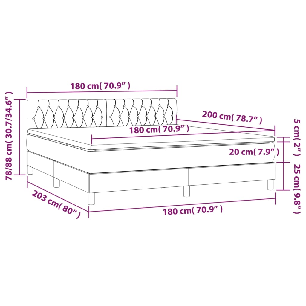 vidaXL Boxspringbett mit Matratze Hellgrau 180x200 cm Samt