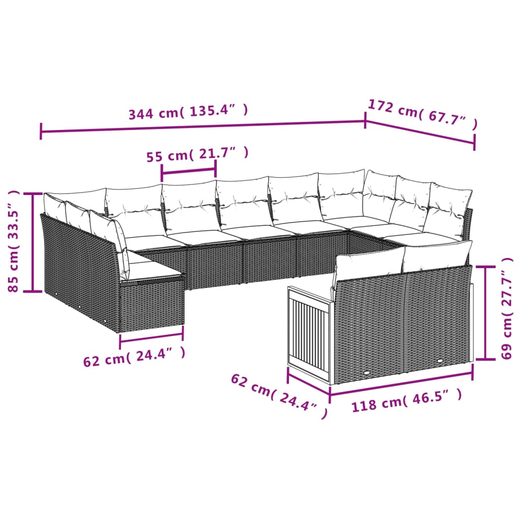 vidaXL 12-tlg. Garten-Sofagarnitur mit Kissen Schwarz Poly Rattan