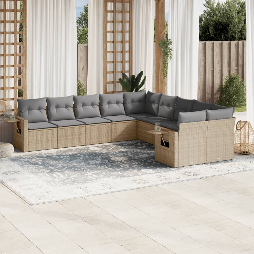 vidaXL 10-tlg. Garten-Sofagarnitur mit Kissen Beige Poly Rattan