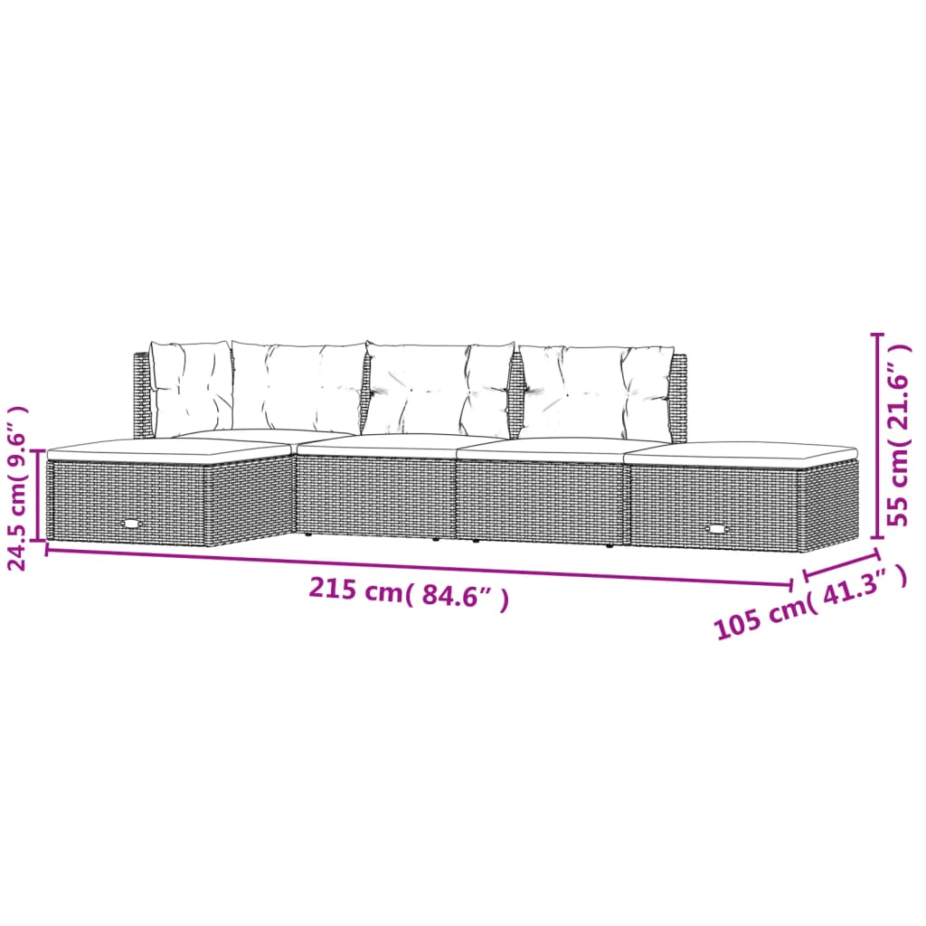 vidaXL 5-tlg. Garten-Lounge-Set mit Kissen Grau Poly Rattan