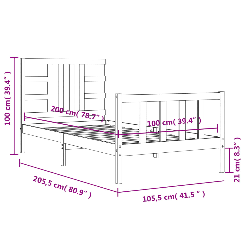 vidaXL Massivholzbett mit Kopfteil Schwarz 100x200 cm