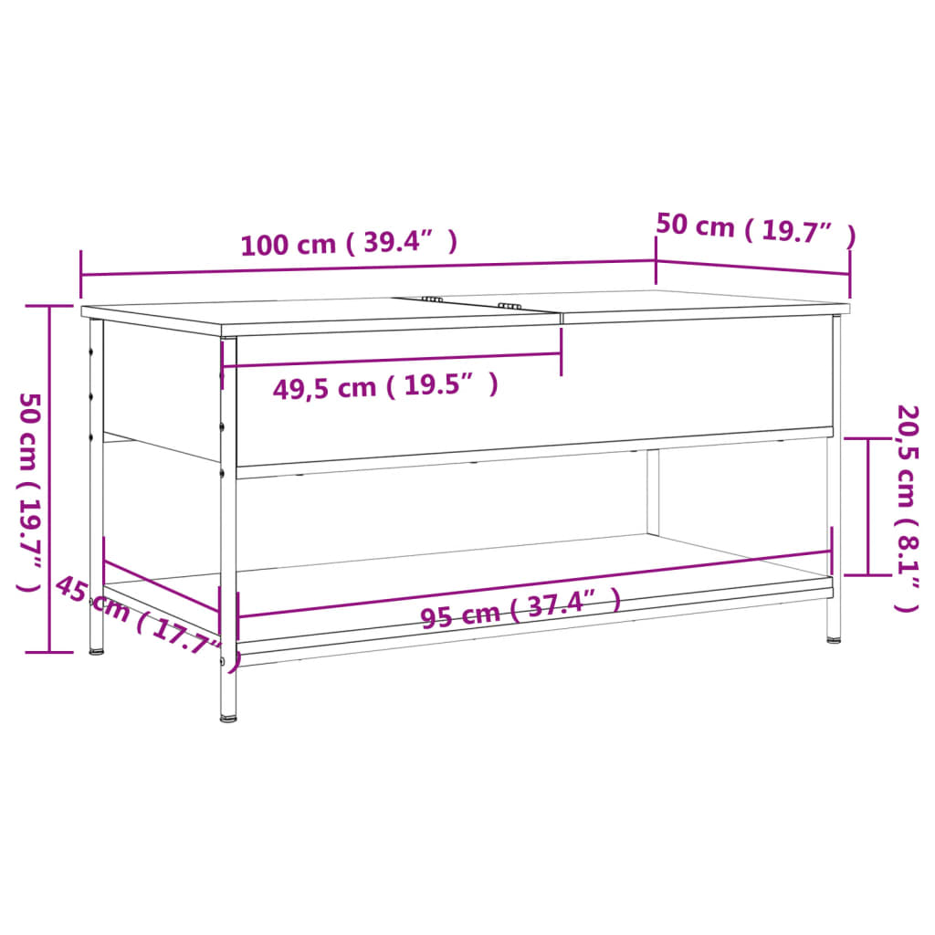 vidaXL Couchtisch Räuchereiche 100x50x50 cm Holzwerkstoff und Metall