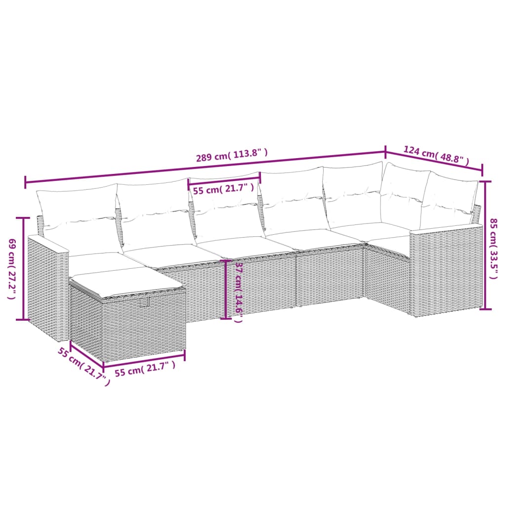 vidaXL 7-tlg. Garten-Sofagarnitur mit Kissen Beige Poly Rattan