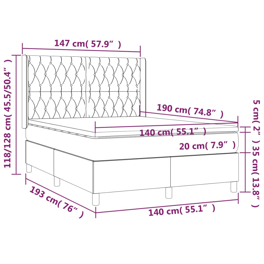 vidaXL Boxspringbett mit Matratze & LED Hellgrau 140x190 cm Stoff