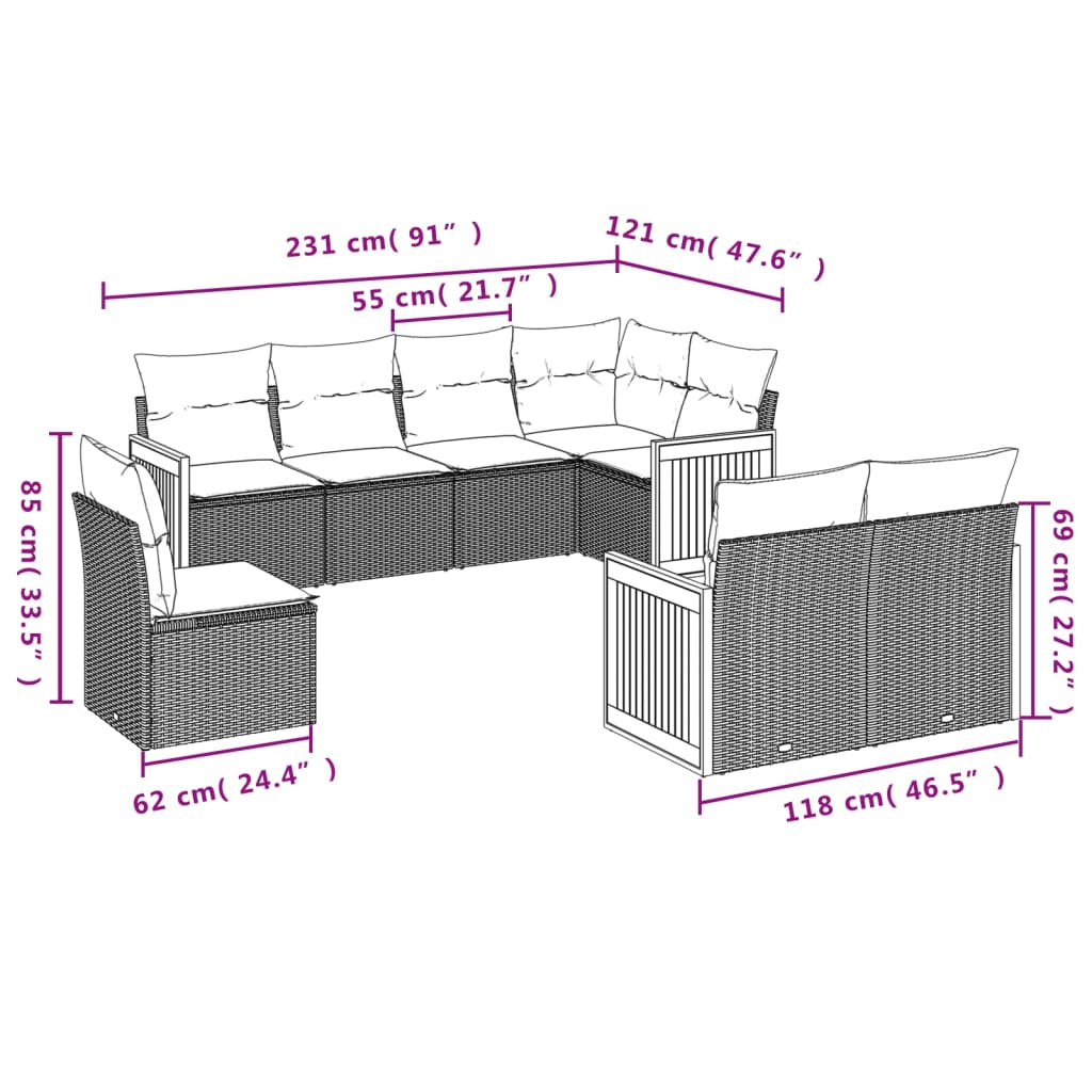 vidaXL 8-tlg. Garten-Sofagarnitur mit Kissen Grau Poly Rattan