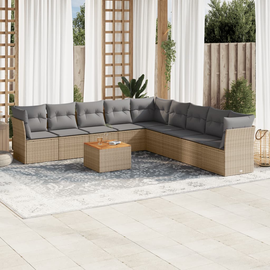 vidaXL 10-tlg. Garten-Sofagarnitur mit Kissen Beige Poly Rattan