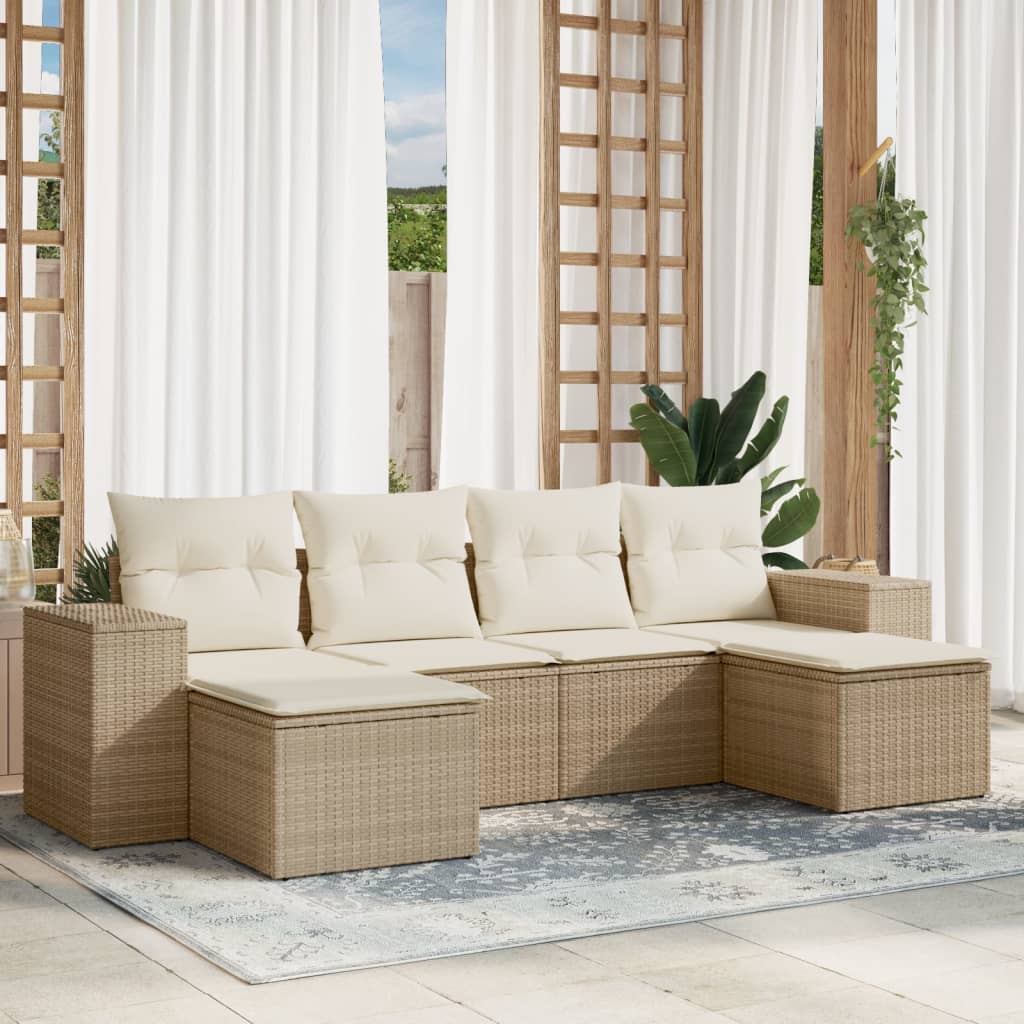 vidaXL 6-tlg. Garten-Sofagarnitur mit Kissen Beige Poly Rattan