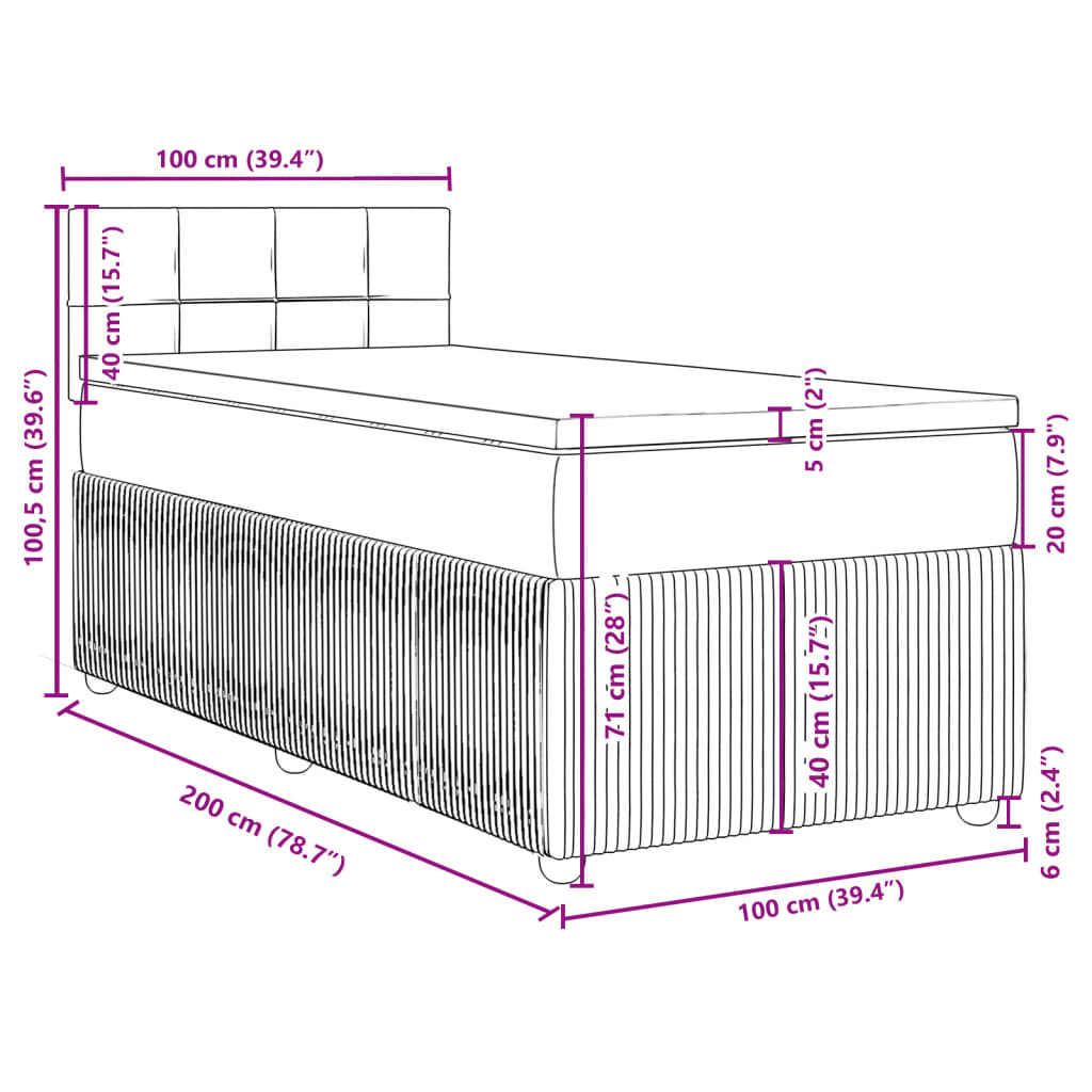 vidaXL Boxspringbett mit Matratze Hellgrau 100x200 cm Samt