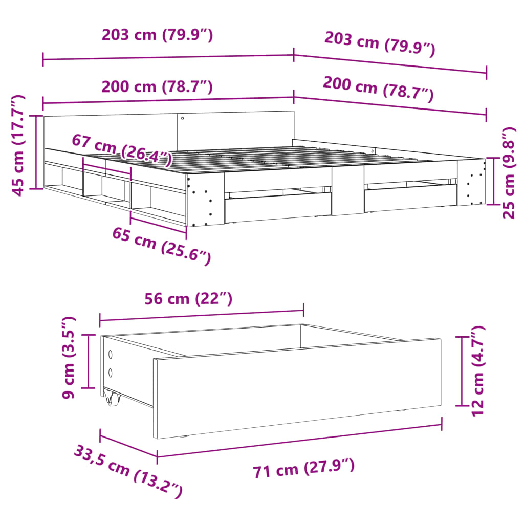 vidaXL Bettgestell mit Schubladen Sonoma-Eiche 200x200cm Holzwerkstoff