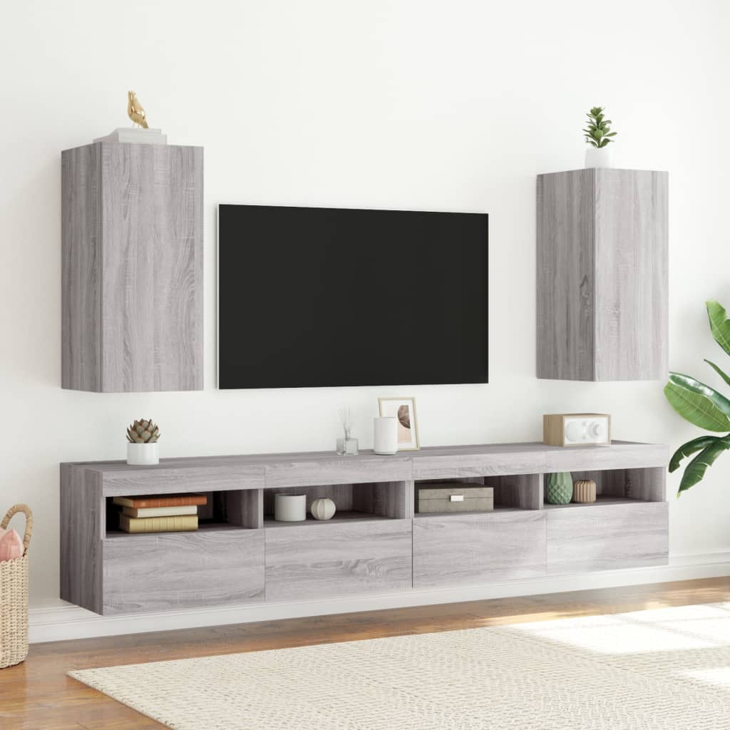 vidaXL TV-Wandschränke mit LED-Leuchten 2Stk. Grau Sonoma 30,5x35x70cm