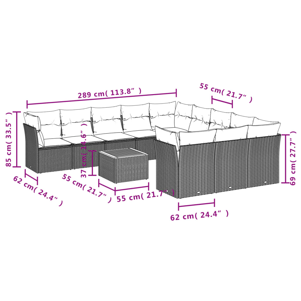 vidaXL 12-tlg. Garten-Sofagarnitur mit Kissen Grau Poly Rattan