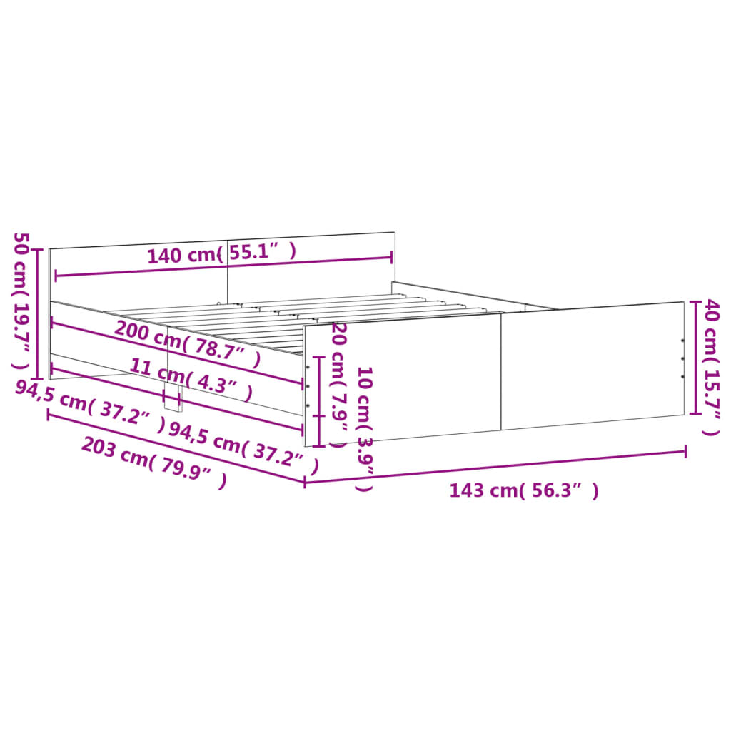 vidaXL Bettgestell mit Kopf- und Fußteil Sonoma-Eiche 140x200 cm