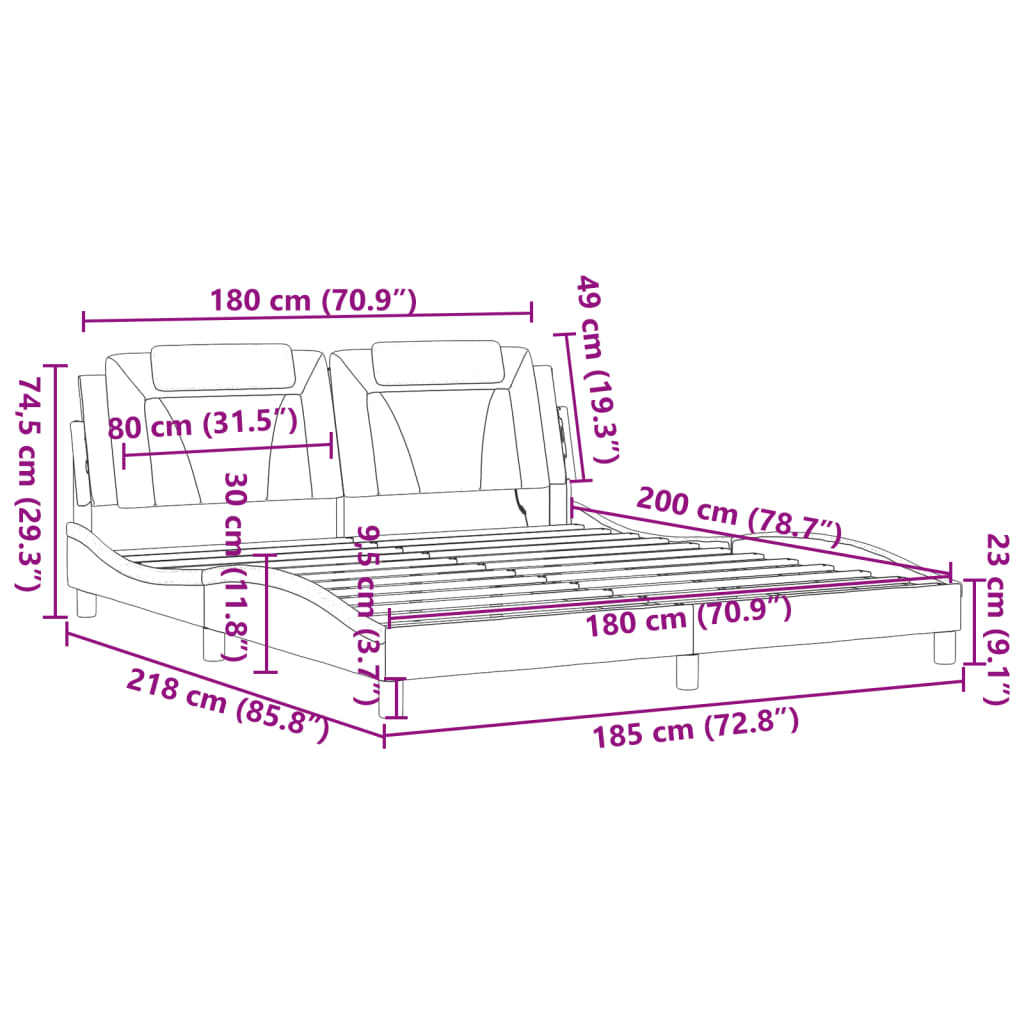 vidaXL Bettgestell mit LED Schwarz und Weiß 180x200 cm Kunstleder