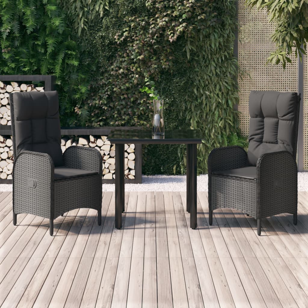 vidaXL 3-tlg. Garten-Essgruppe mit Kissen Schwarz Poly Rattan