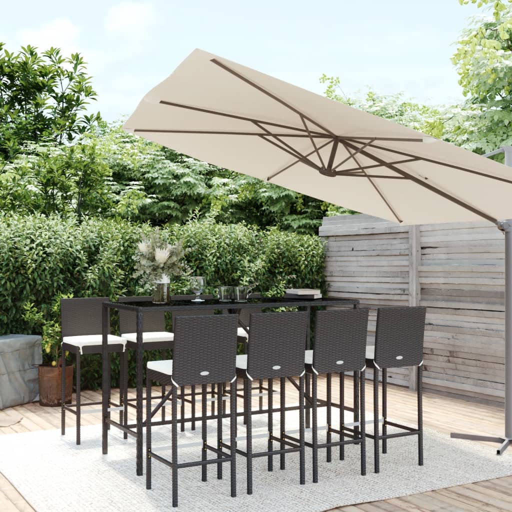 vidaXL 9-tlg. Gartenbar-Set mit Kissen Schwarz Poly Rattan