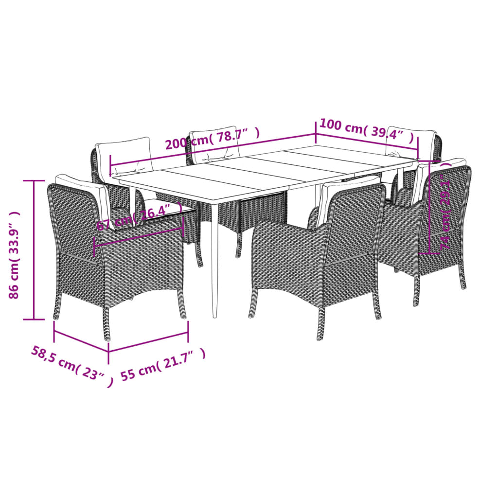 vidaXL 7-tlg. Garten-Essgruppe mit Kissen Grau Poly Rattan