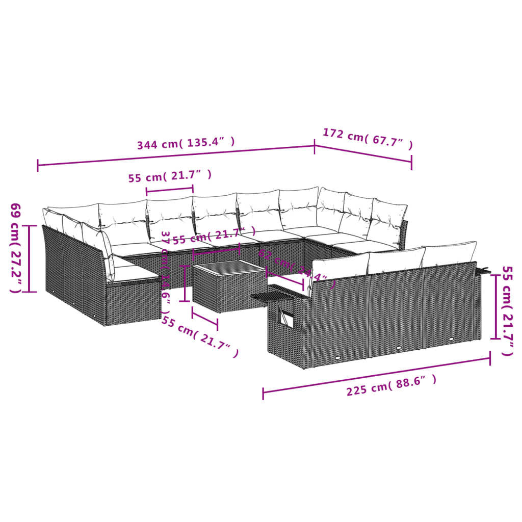 vidaXL 14-tlg. Garten-Sofagarnitur mit Kissen Schwarz Poly Rattan