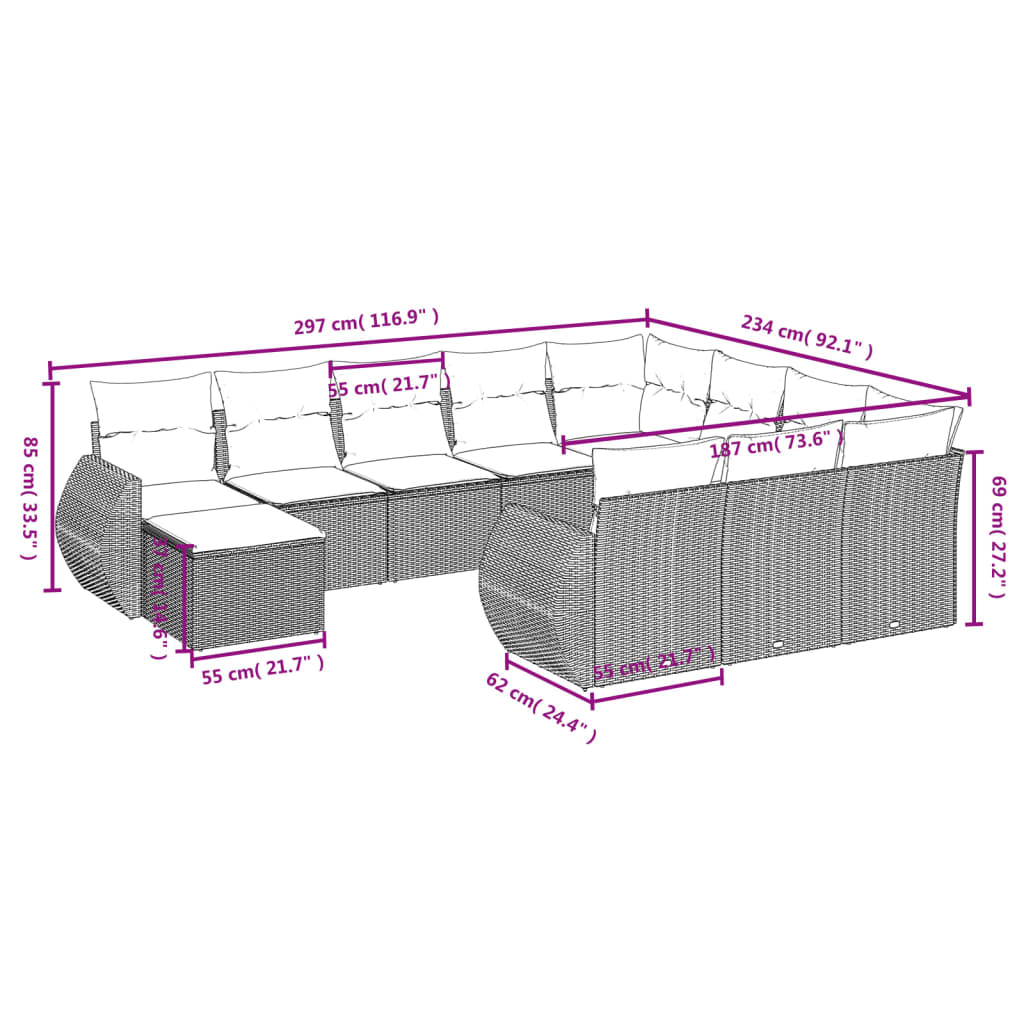 vidaXL 11-tlg. Garten-Sofagarnitur mit Kissen Beige Poly Rattan