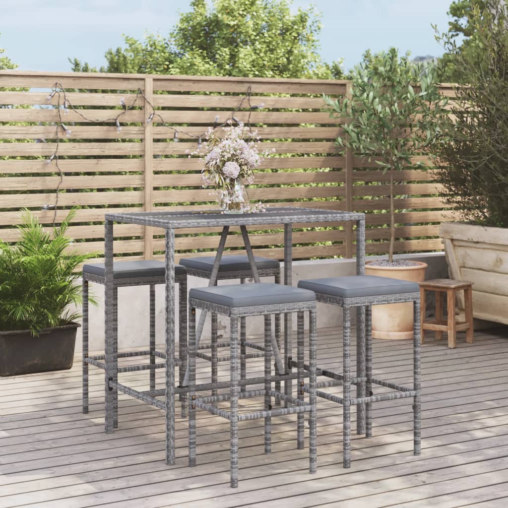 vidaXL 5-tlg. Gartenbar-Set mit Kissen Grau Poly Rattan