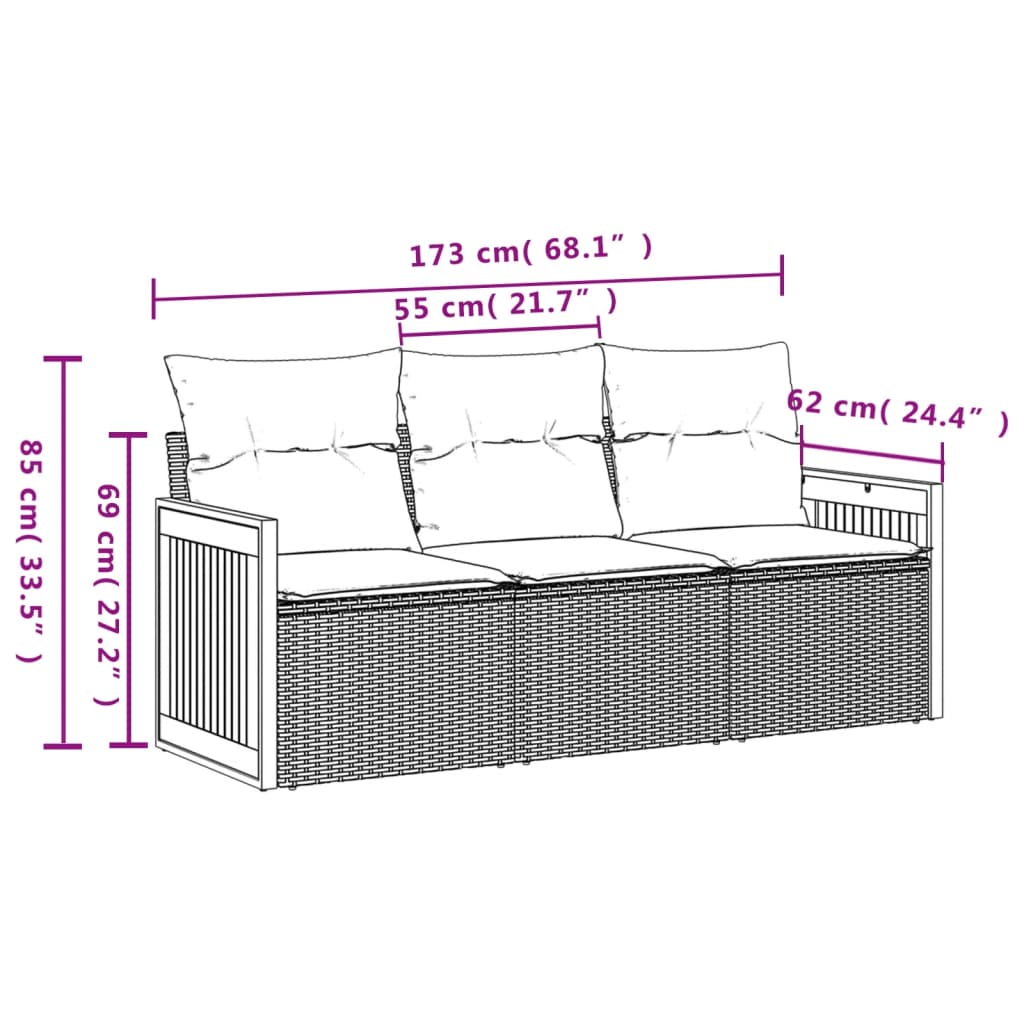 vidaXL 3-tlg. Garten-Sofagarnitur mit Kissen Schwarz Poly Rattan