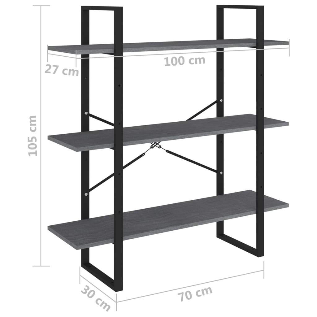 vidaXL Bücherregal 3 Böden Grau 100x30x105 cm Massivholz Kiefer