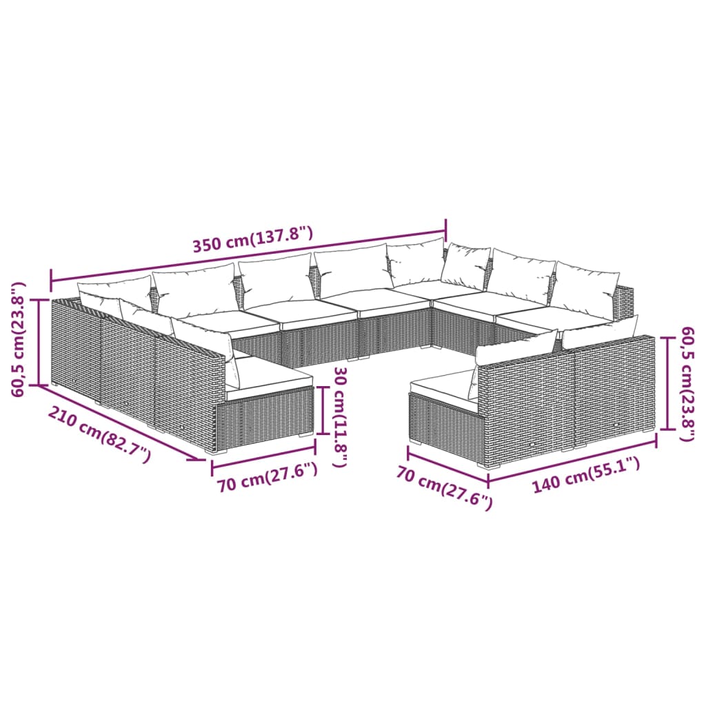 vidaXL 11-tlg. Garten-Lounge-Set mit Kissen Schwarz Poly Rattan