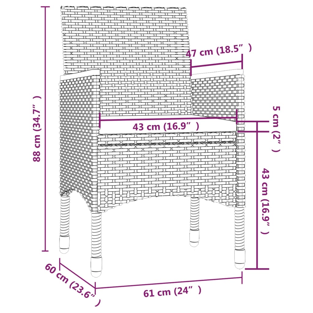 vidaXL 3-tlg. Garten-Essgruppe mit Auflagen Poly Rattan Schwarz