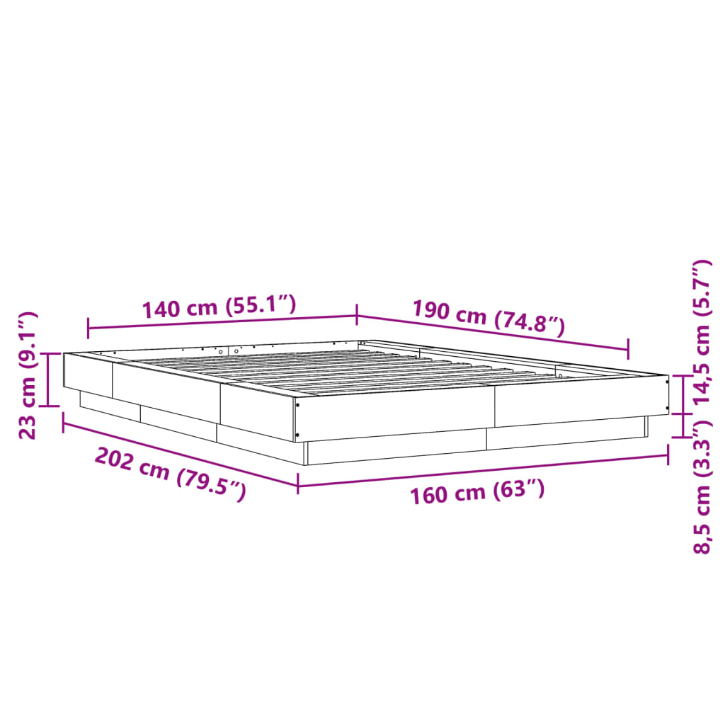 vidaXL Bettgestell mit LED Grau Sonoma 140x190 cm Holzwerkstoff