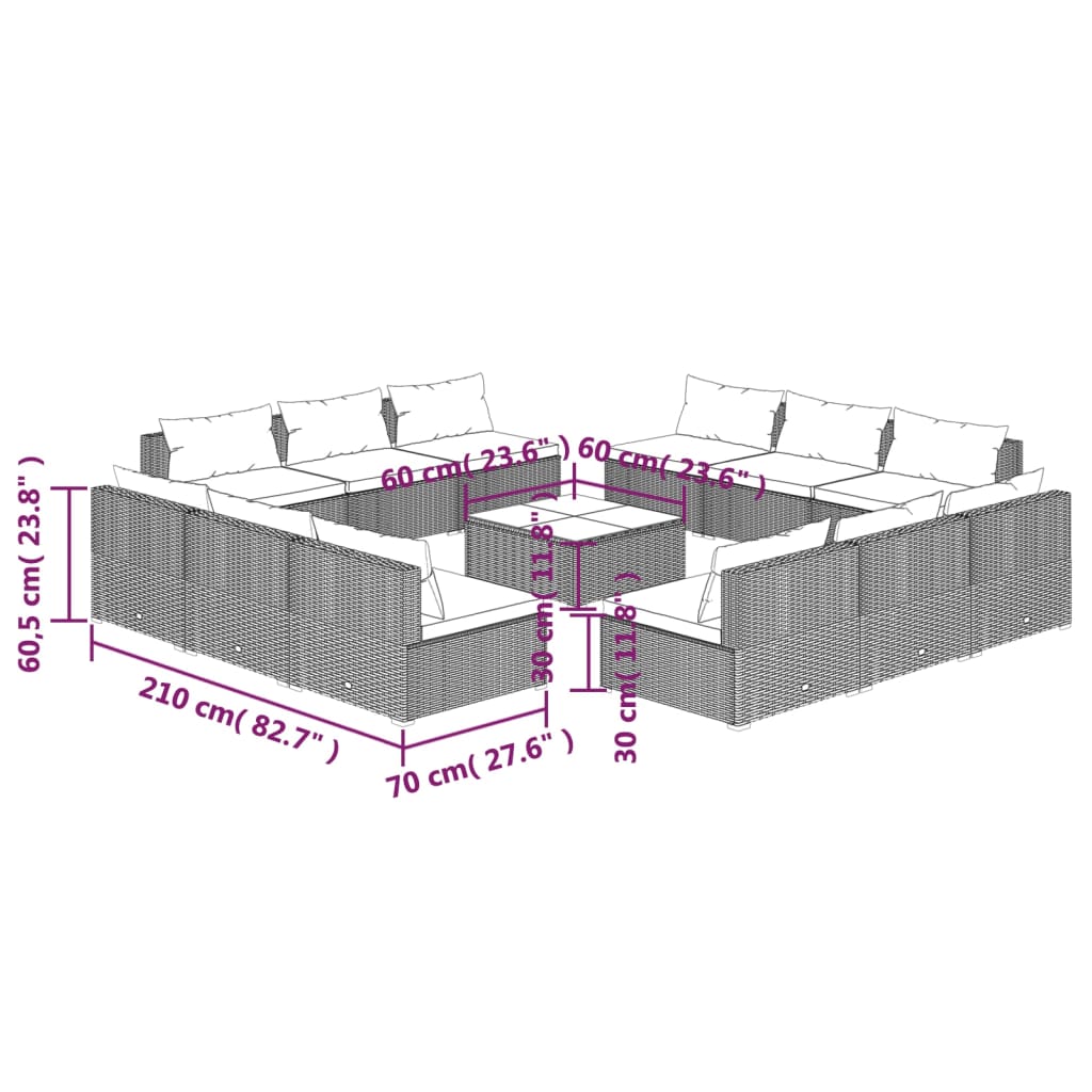 vidaXL 13-tlg. Garten-Lounge-Set mit Kissen Poly Rattan Grau